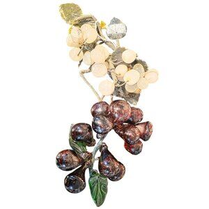 2 Vintage Alabaster & Glass Grape Cluster Decoration White Purple MCM